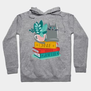 One more chapter // spot // black background grey cat striped mug with plants orange teal and yellow books with quote Hoodie